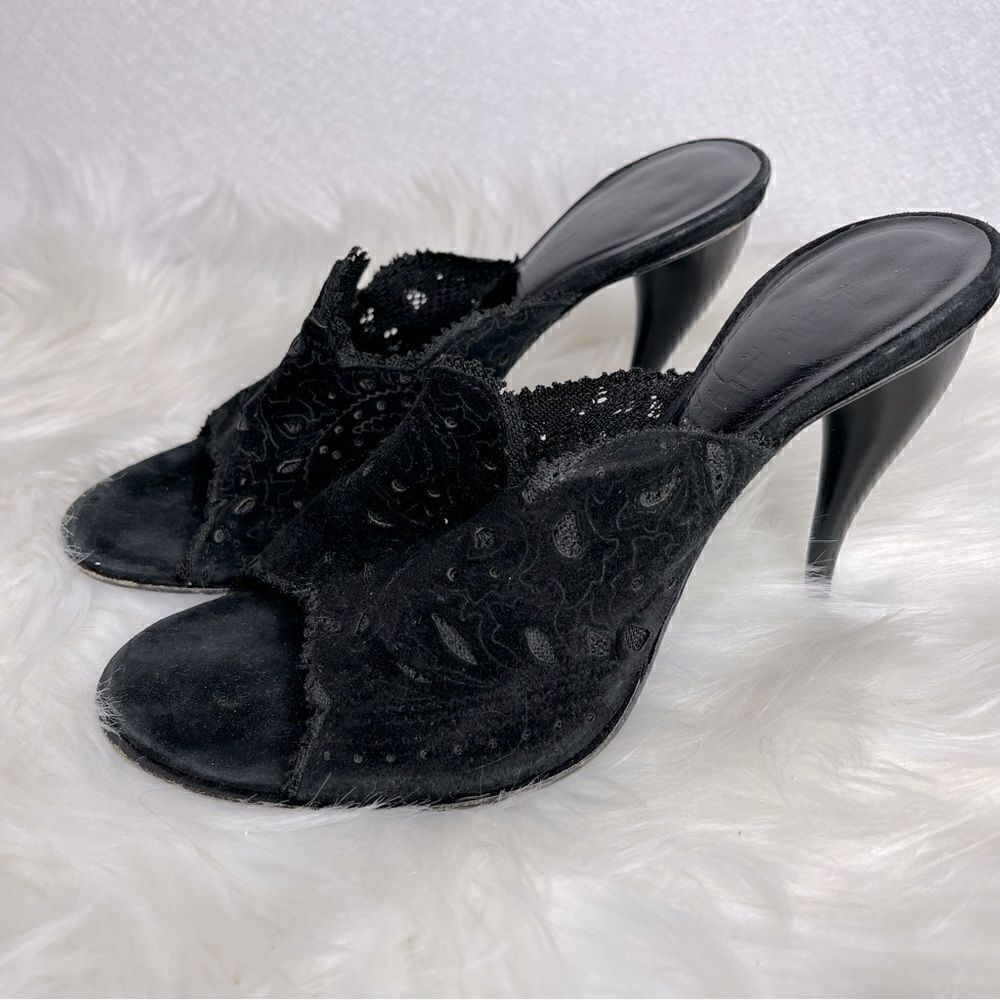 𝅺GIANNI Barbato Suede Lace Heeled Mules Black 37.5